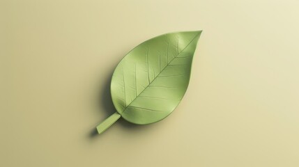 A 3D leaf icon symbolizing eco-friendliness, on a pastel olive background