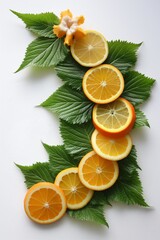 Orange slices and flowers arranged vertically on leaves, fresh ingredient display. - obrazy, fototapety, plakaty