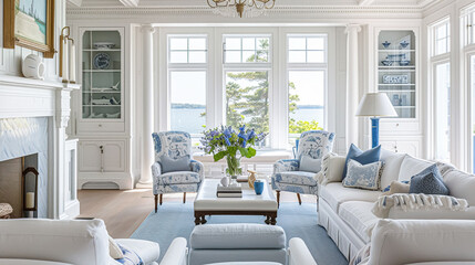 Coastal cottage sitting room, white living room interior design and country house home decor, sofa and lounge furniture, English countryside style