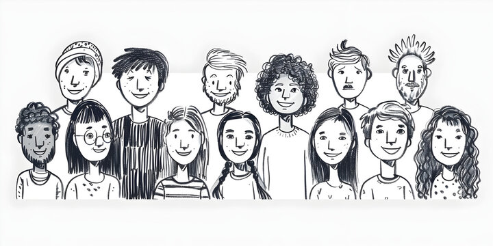 a group of people standing on a white background depicted in a minimalistic black and white sketch style. the image captures a sense of childlike wonder and features shallow depth of field. influence