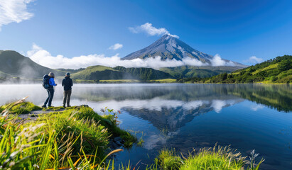 A stunning landscape photo of the majestic Mount Taranaki in New Zealand, reflecting perfectly on still water surrounded by lush greenery and misty clouds