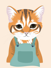 Ginger cat-wearing overalls, Portrait of a Lonely on a cream background. Vector illustration.