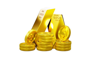 3d rendering Golden Stack of Money Coins and Gold bars 