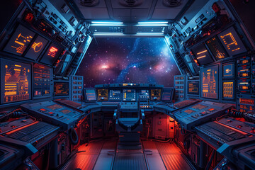 Journey to the Stars, Inside the Command Hub - Investigating the Architectural Design, Interface Integration, and Human-Computer Interaction of a Futuristic Spaceship Cockpit - obrazy, fototapety, plakaty