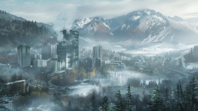 The misty mountains serve as a backdrop to the citys urban landscape giving a sense of mystery and wonder to the bustling morning scene.