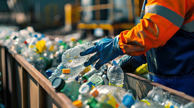 Worker Sorting Plastic Bottles for Recycling
. A worker in reflective safety gear hand-selects clear plastic bottles from a conveyor for recycling, illustrating industrial waste management practices.
