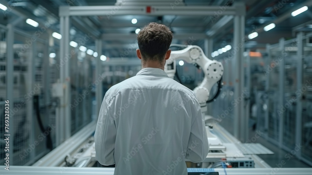 Poster automation engineer uses laptop for programming robotic arm at the factory