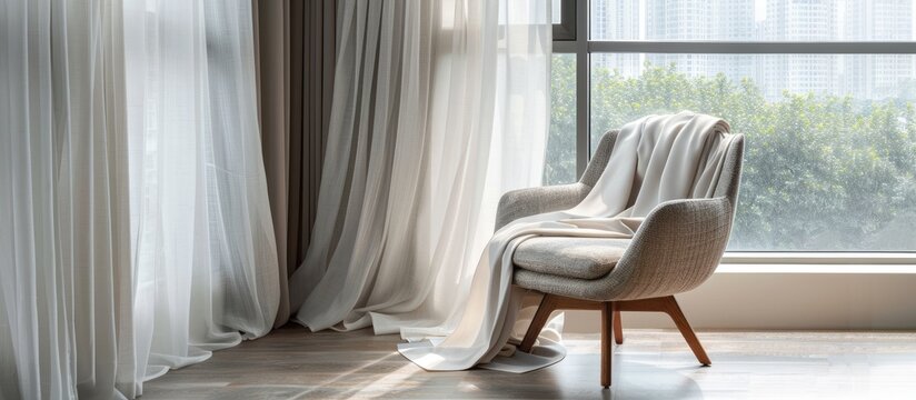 Modern textile armchair next to window in contemporary interior. Furniture collection.