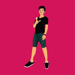 A character illustration of an emo boy showing a typical metal music hand sign in a soft red background