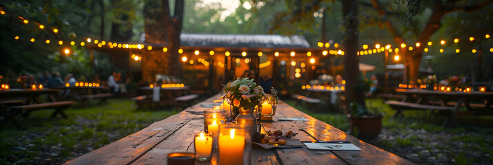 Boho Wedding Dining Setup with a Warm & Cozy Ambiance,
Festive wedding table setting with flowers and candles on the terrace   - obrazy, fototapety, plakaty