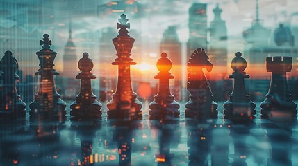 Business chess move with urban backdrop, double exposure, modern life metaphor - obrazy, fototapety, plakaty