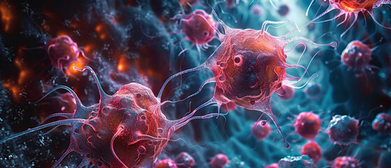 Cancer cell and human brain interaction, detailed microscopic view, clinical realism - obrazy, fototapety, plakaty
