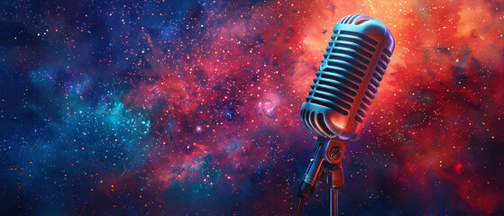 Elegant classic mic against a backdrop of colorful abstract and starry night, mystical - obrazy, fototapety, plakaty