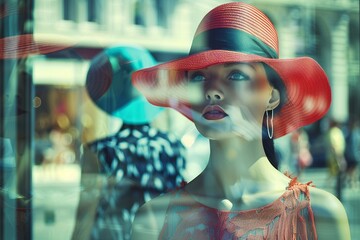 Female mannequins in fashion house, vibrant color effect, stylish display