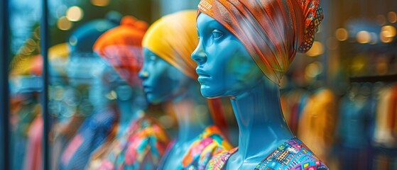 Female mannequins in fashion house, vibrant color effect, stylish display - obrazy, fototapety, plakaty