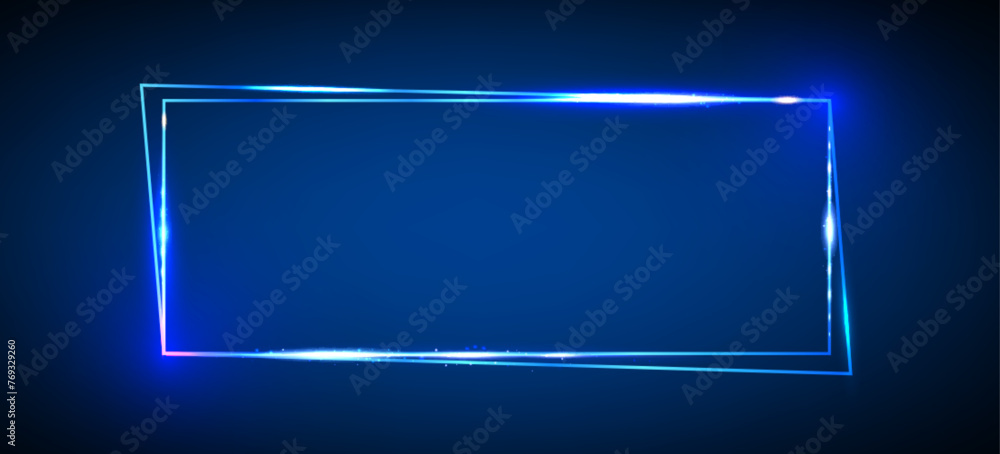 Poster blue neon glow rectangle frame. realistic vector illustration of double border and text box. wall lu