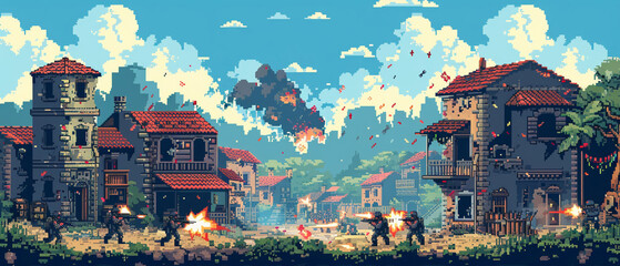 Pixelated war action in classic 8-bit retro video game scene