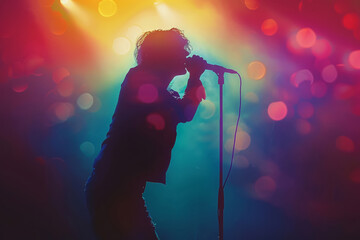 Popular rock singer silhouette on stage, live concert action, vibrant, space for text