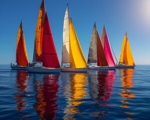 Regatta with colorful sails on the ocean, scene of nautical competition and beauty