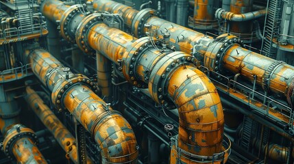 Refinerys dense piping, closeup view, industrial tangle, precise detail - obrazy, fototapety, plakaty