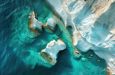 Aerial view of the white rocks at Sphagedon beach in Greece, capturing its unique and beautiful landscape with turquoise water. The crystal clear waters create stunning reflections on the rocks