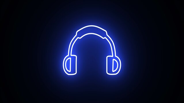 Glowing sky blue neon headphones with sound waves, neon earphones and music text on black background. neon music wave icon.