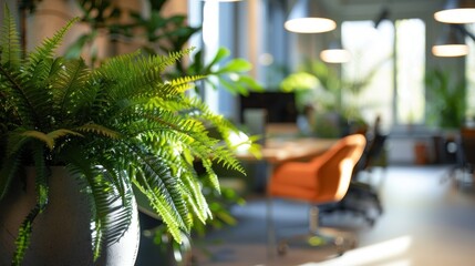 Tranquil office space, green plants blurred, fostering calmness, productivity, and well-being.