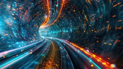 Fototapeta premium Single photon traveling through a dark tunnel with vibrant colors, representing the digital world.