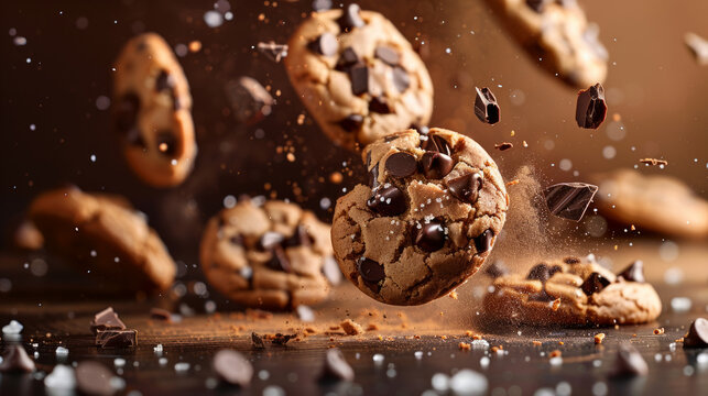 Enchanting image of mid-air chocolate chip cookies surrounded by splashes of chocolate and flying crumbs