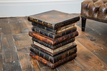  A whimsical side table resembling a stack of oversized books, complete with faux leather bindings and gilt-edged pages. 
 - obrazy, fototapety, plakaty