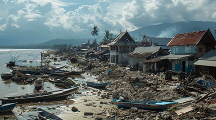 A fishing village destroyed by a massive tsunami with only a few remaining buildings standing amidst the wreckage of homes and boats swept away by the powerful waves. - obrazy, fototapety, plakaty