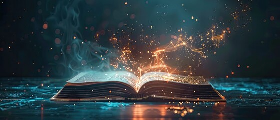 A glowing book with magical symbols flying out of it depicting the power of knowledge and education - obrazy, fototapety, plakaty