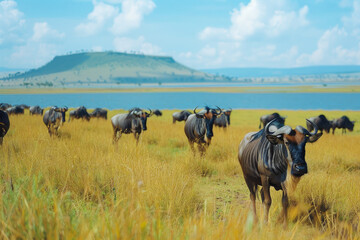 group of blue wildebeest in the grass landscape with an ocean horizon