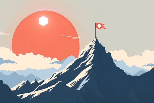 A minimalist poster of a mountain with a flag planted at its summit representing the pinnacle of success
