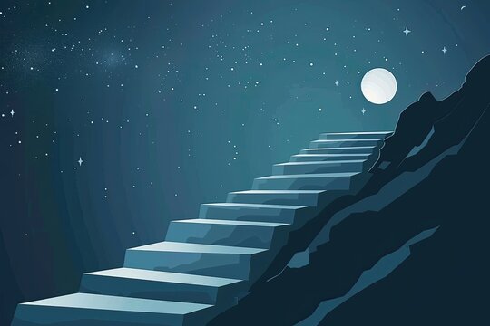 A minimalist graphic of a staircase leading up to the stars depicting ambition and dreams