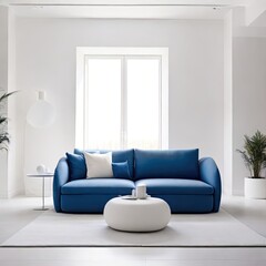 White minimal living room, everything in the room is white, white walls flushed white doors white ceiling highlighting the scene with blue minimal sofa white interior lighting