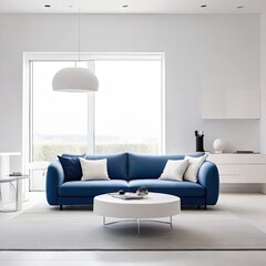 White minimal living room, everything in the room is white, white walls flushed white doors white ceiling highlighting the scene with blue minimal sofa white interior lighting