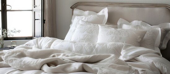 Bed adorned with white linens and an embellished cushion - obrazy, fototapety, plakaty