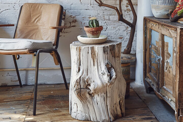  An artisan-crafted side table made from repurposed driftwood, its weathered texture and irregular shapes adding a touch of coastal charm to any room. 
