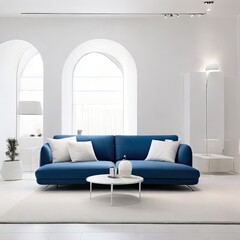 White minimal living room, everything in the room is white, white walls flushed white doors white ceiling highlighting the scene with blue minimal sofa white interior lighting