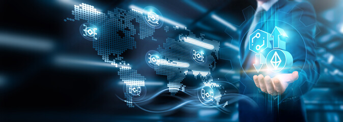 Businessman holding DeFi connection on blockchain networking and decentralized data analytics, Business strategy and financial inclusion, transparency, disruption, Technology and global innovation.