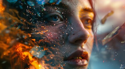 A close-up of a woman's face, overlaid with a cosmos of digital particles and stars, evoking the concept of AI-driven content creation and the artistic muse of virtual artists and writers. - obrazy, fototapety, plakaty