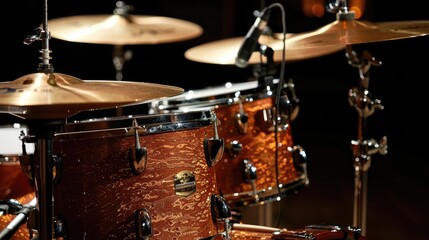 Fototapeta na wymiar Brown drum set closeup on black background. Musical drum kit in studio. AI Generated 