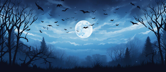 Spooky Halloween Background Banner with Crows. Dark Halloween Banner with Flock of Crows