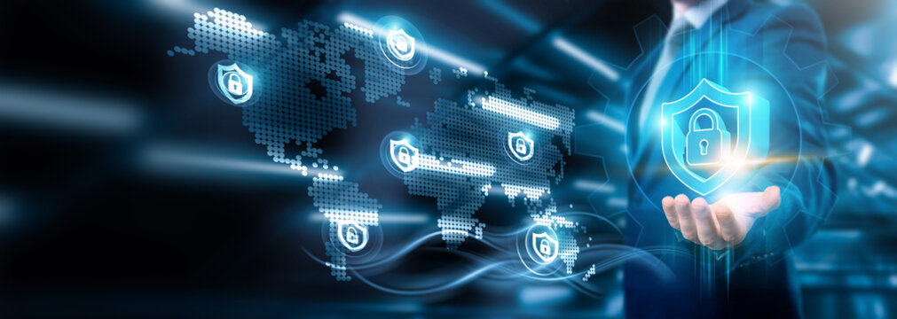 Businessman holding cybersecurity connections in digital networking and cloud-based data analytics, Business strategy and information protection, compliance assurance, technology, and global security.