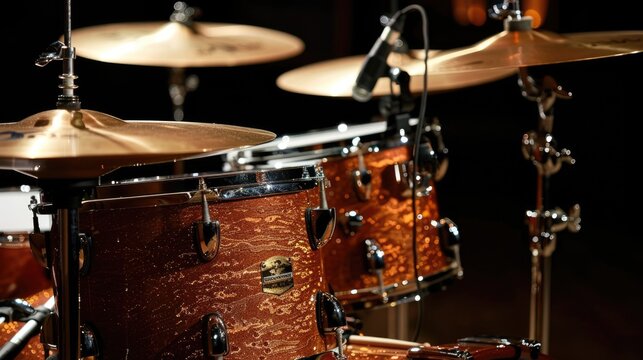 Brown drum set closeup on black background. Musical drum kit in studio. AI Generated 
