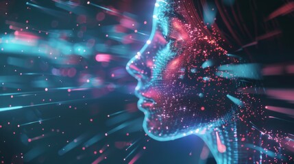 A digital profile of a human face, composed of glowing particles and light streaks, illustrates the concept of AI-driven market analysis and trend prediction in consumer behavior.