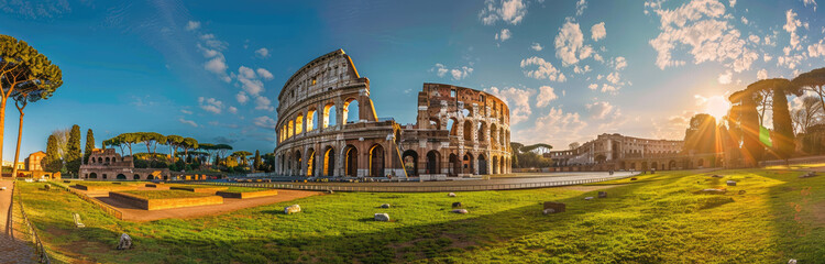 panoramic view of the Colosseum and Arch of Constantine in Rome, Italy with green grass on a sunny day - obrazy, fototapety, plakaty