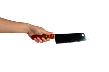 Metal knife in hand isolated on transparent background with path