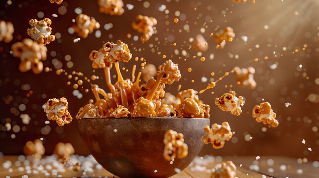 Dynamic image of caramel popcorn bursting out of a bowl, capturing the movement and crispy texture